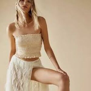 Free People Cream Satin Smocked Tube Top